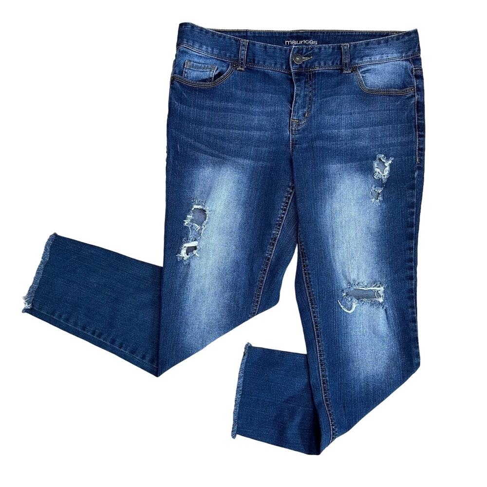 Maurices Medium Wash Denim Mid Rise Skinny Jeans Womens 9/10 Distressed Raw Hem